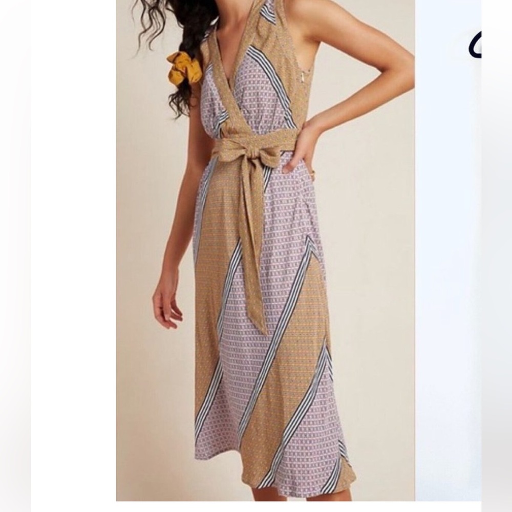 Maeve Anthropologie Multicolor Geometric Faux Wrap Carla Midi Dress Size 2